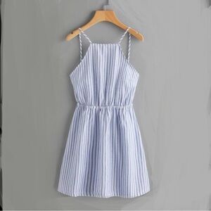 ✌️2/$10✌️ Blue & White Striped Open Back Tie Dress w High Cut Neckline - 2X